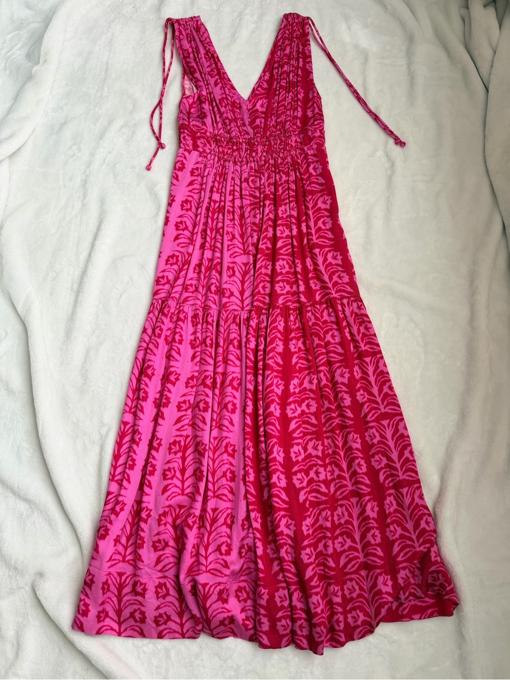 Omika Women's Hot Pink Floral V-Neck Maxi Dress with Tie Straps
